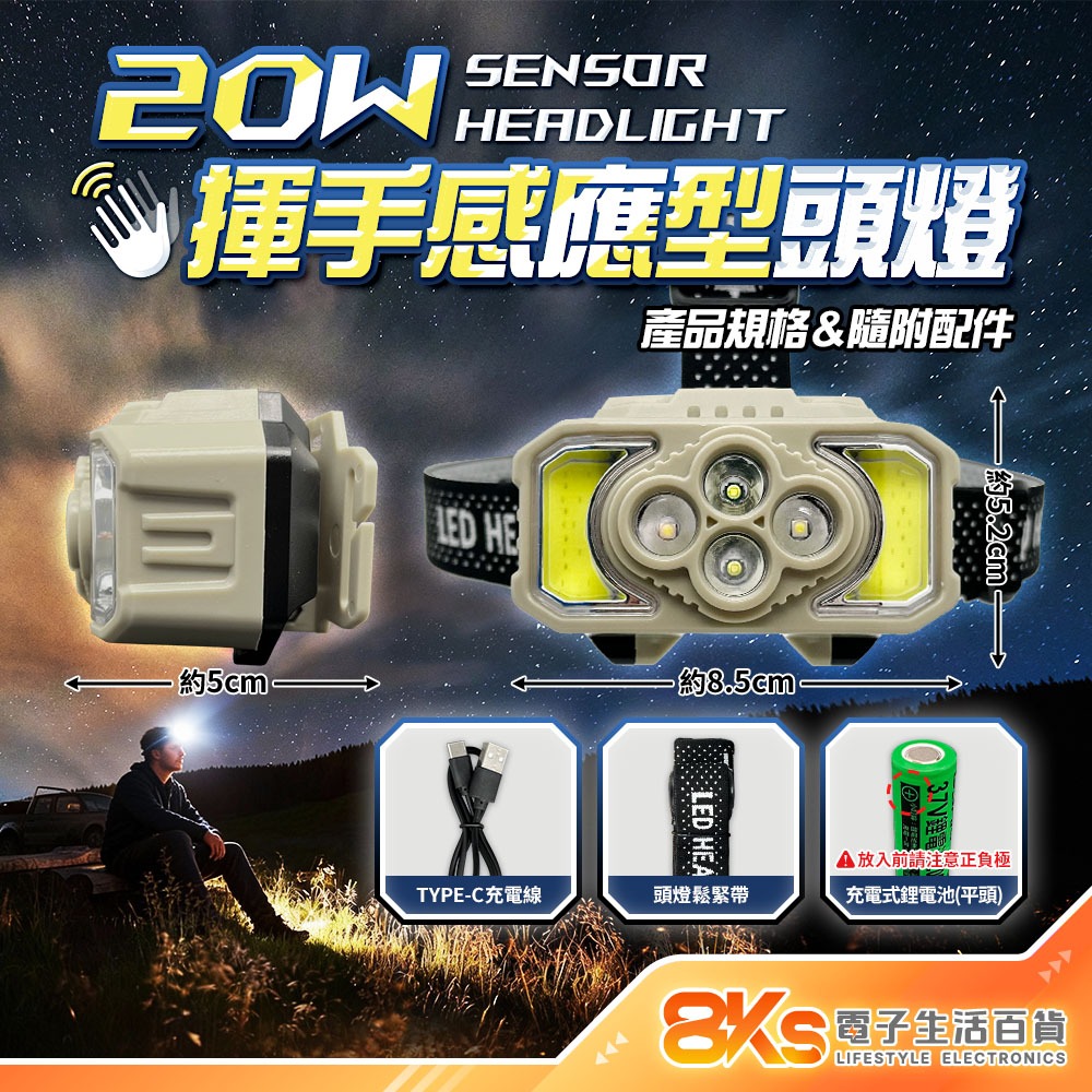 《現貨》20W揮手感應頭燈 一揮即亮 搭贈BSMI電池 USB充電 6段調光 白光/紅光 COB/LED燈 可調角度-規格圖4