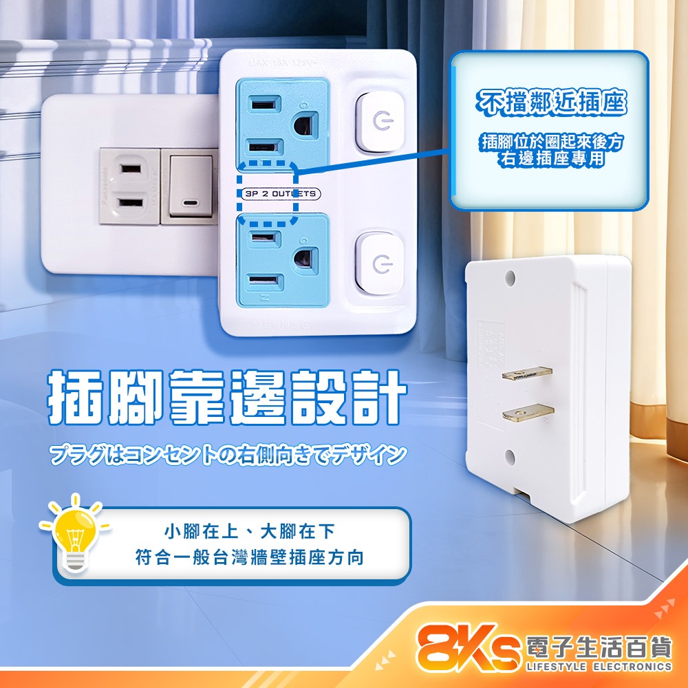 《最新安規》按壓式壁插分接器 藍光節能開關 插腳靠邊設計 防火材質 防大型插頭誤觸 歐盟認證 BSMI字號R51380-細節圖2