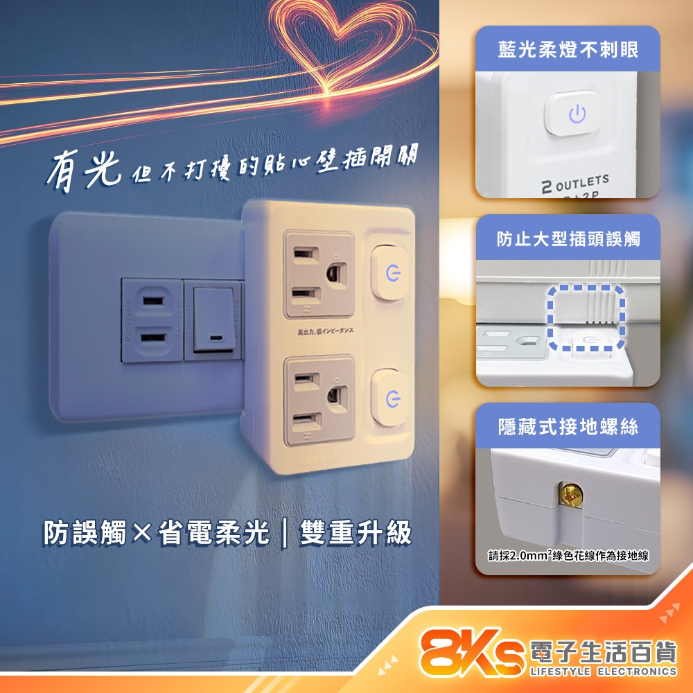 《最新安規》按壓式壁插分接器 藍光節能開關 插腳靠邊設計 防火材質 防大型插頭誤觸 歐盟認證 BSMI字號R51380-細節圖3