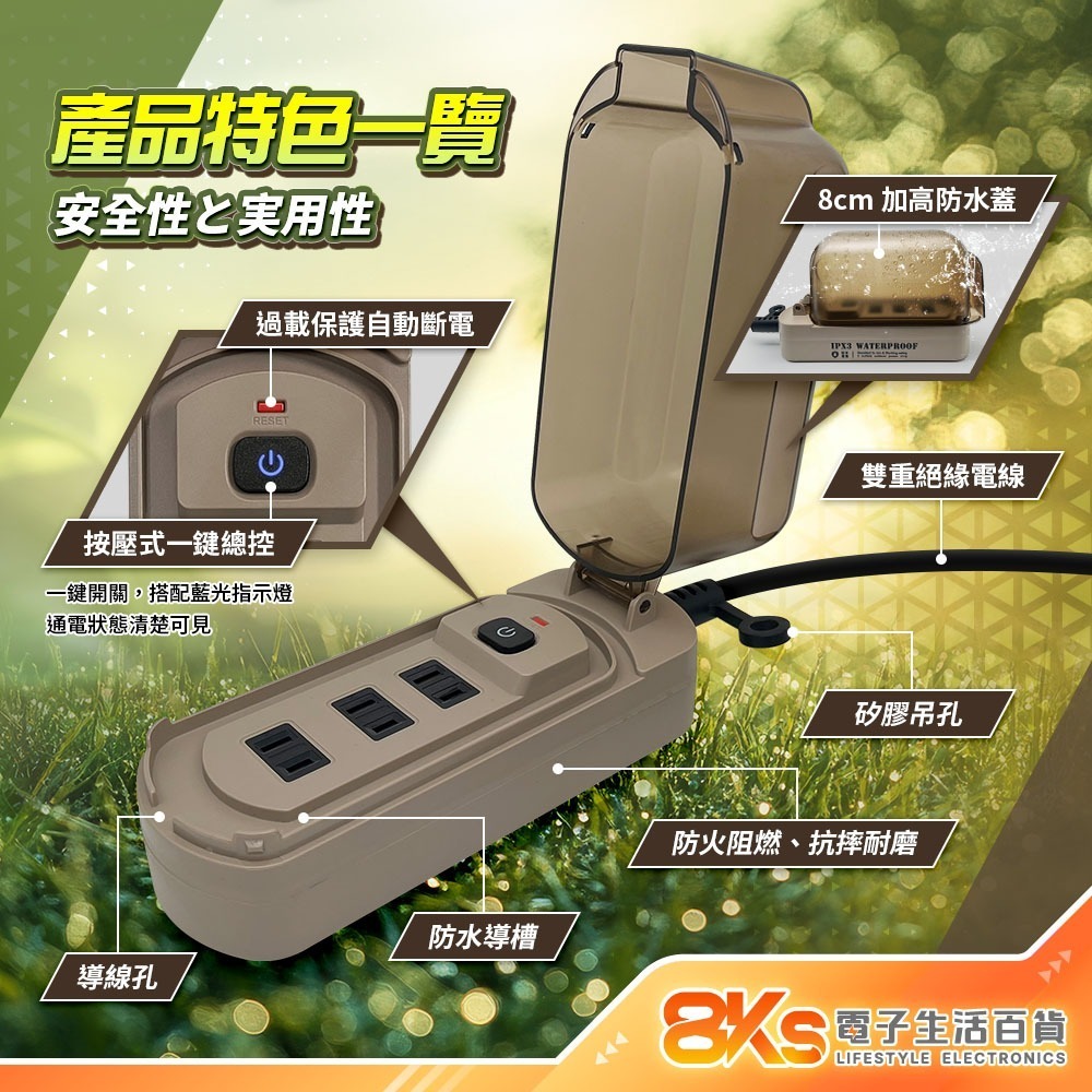 《IPX3 3級防水》1開3插防潑水動力線 防水蓋設計 過載保護 10米15米 露營/園藝/戶外工作 BSMI認證-細節圖2