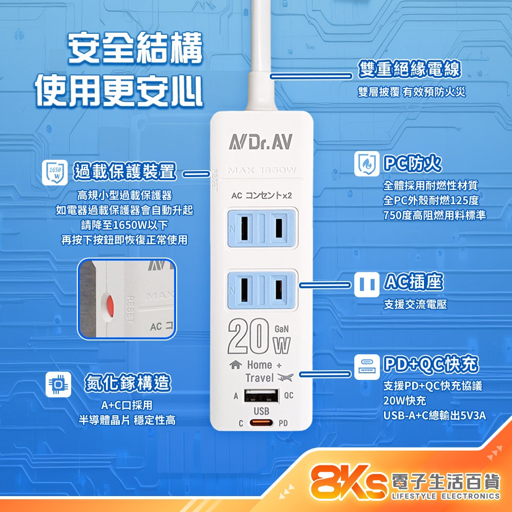 《BSMI認證》PD20W氮化鎵延長線 快充PD+QC 2P延長線旋轉插頭 過載保護TYPE-C充電 防火材質過載保護-細節圖2