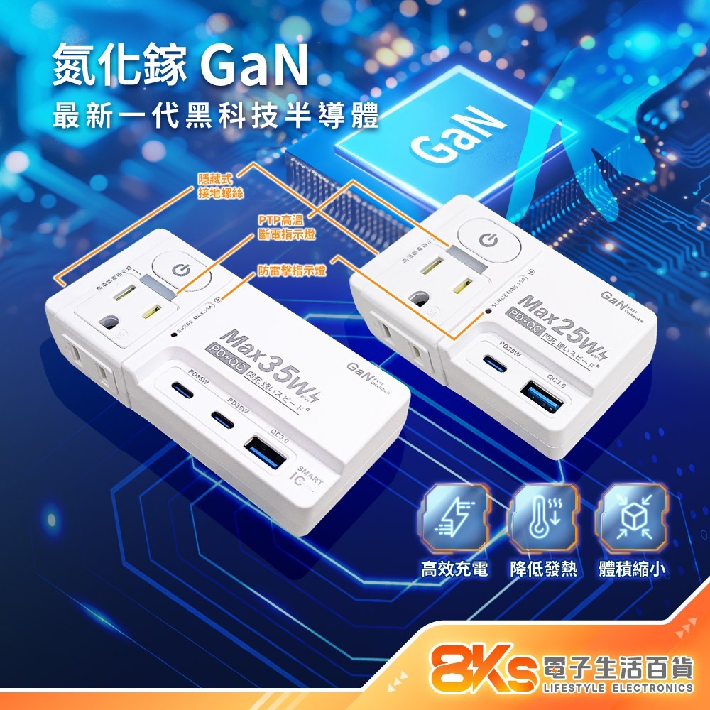 《BSMI認證》PD35W/25W氮化鎵防雷擊壁插 23W台灣製造三面插 TYPE-C快充QC3.0充電 防火材質過載-細節圖2