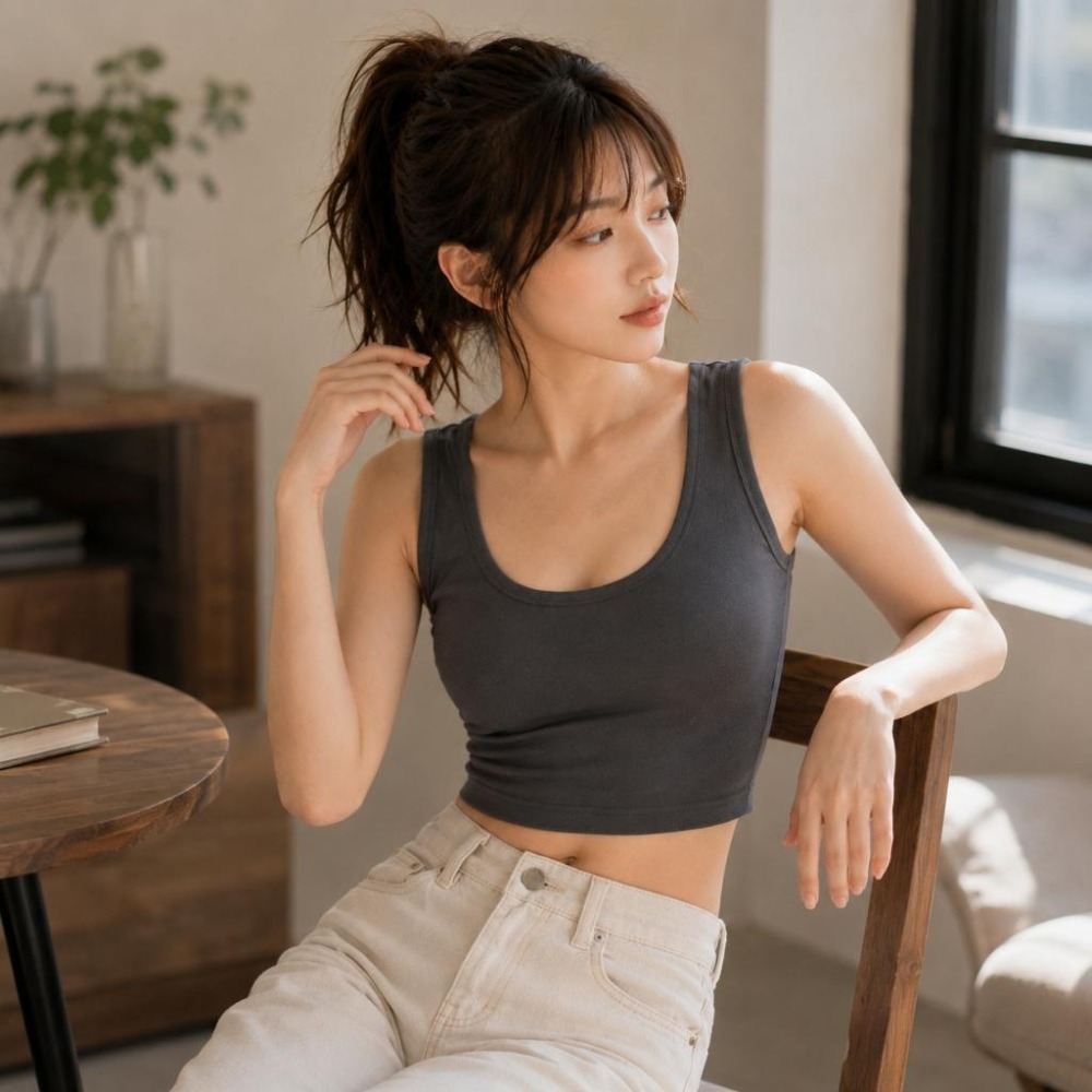 【愛購衣】U領寬肩帶背心 短版 遮副乳設計 高彈貼身 多尺寸 無勒感外搭背心小可愛女 黑色 深灰色 茶綠色-細節圖7