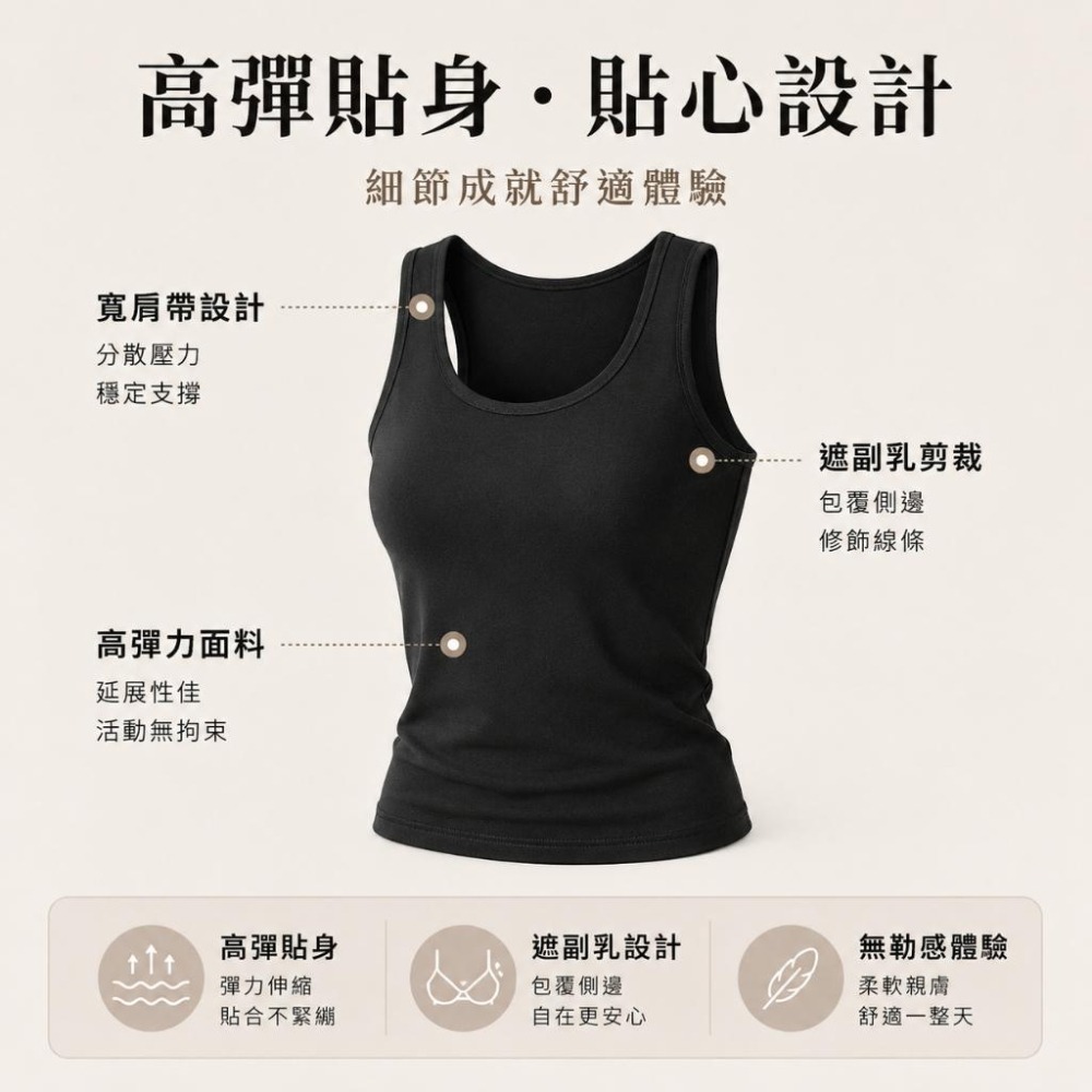 【愛購衣】U領寬肩帶背心 高彈貼身 遮副乳設計 多尺寸 無勒感運動內搭背心小可愛女 黑色 深灰色 茶綠色-細節圖2