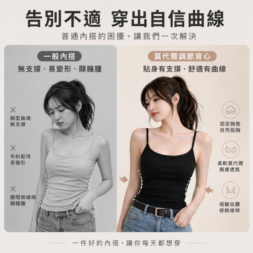 【愛購衣】莫代爾外搭背心 小胸顯大 肩帶可調 固定胸墊 褶皺收腰 細肩帶無袖內搭背心女 黑色 白色-細節圖2