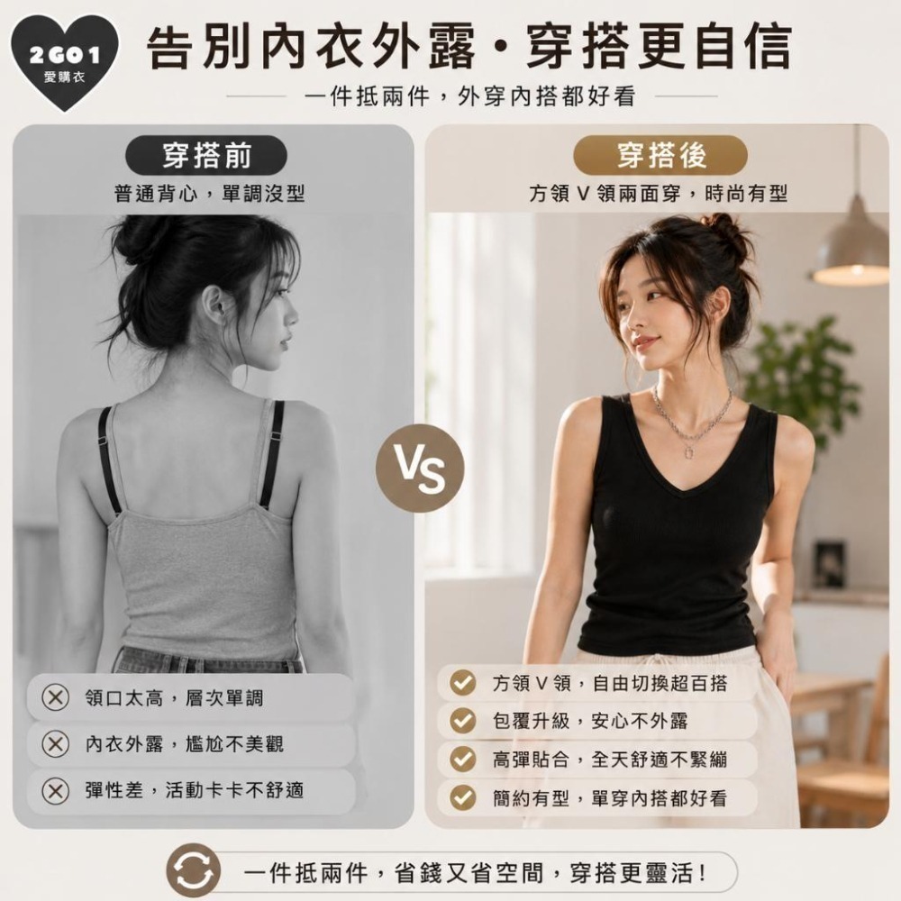 【愛購衣】方領V領無袖背心 兩面可穿 彈力修身 親膚透氣 多尺寸 無胸墊更舒適 內搭韓系背心 黑色 白色 深灰色-細節圖2