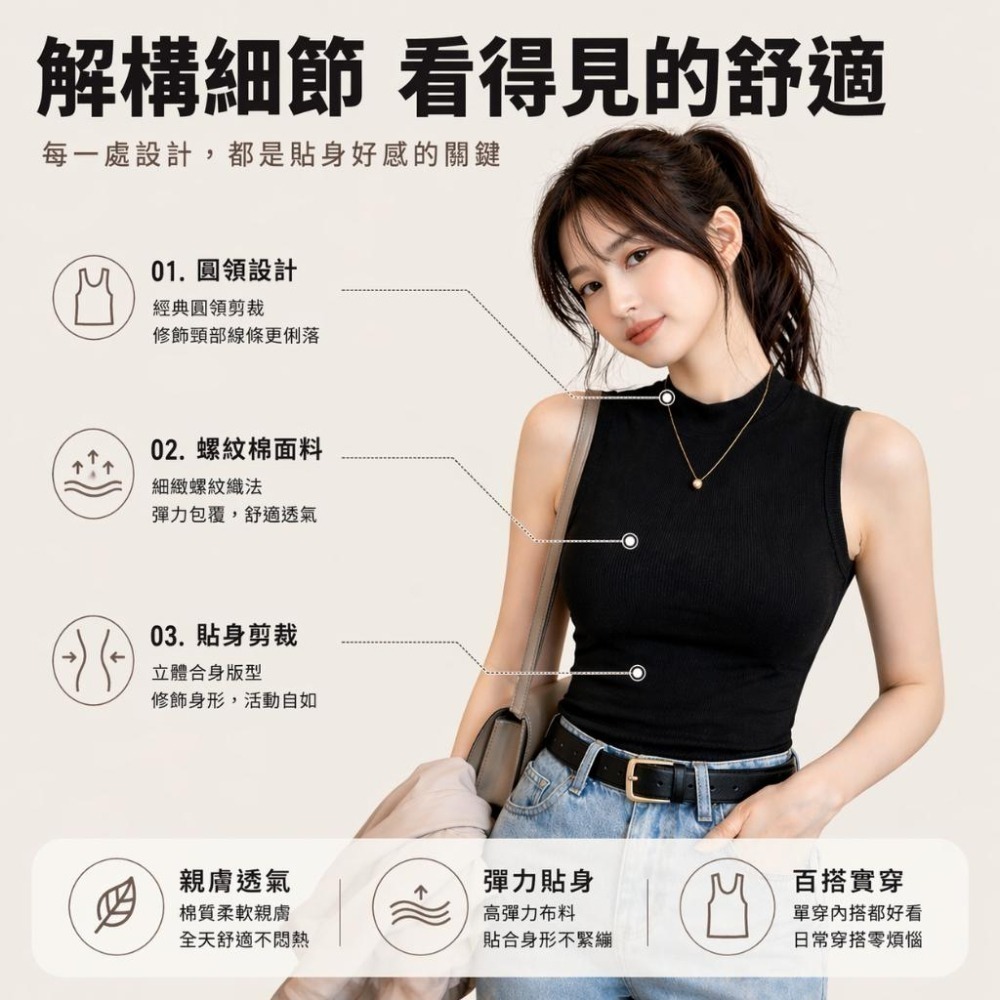 【愛購衣】圓領無袖背心 親膚螺紋 高彈顯瘦 無胸墊更舒適 韓系內搭背心 黑色 白色 深灰色 咖啡色-細節圖4