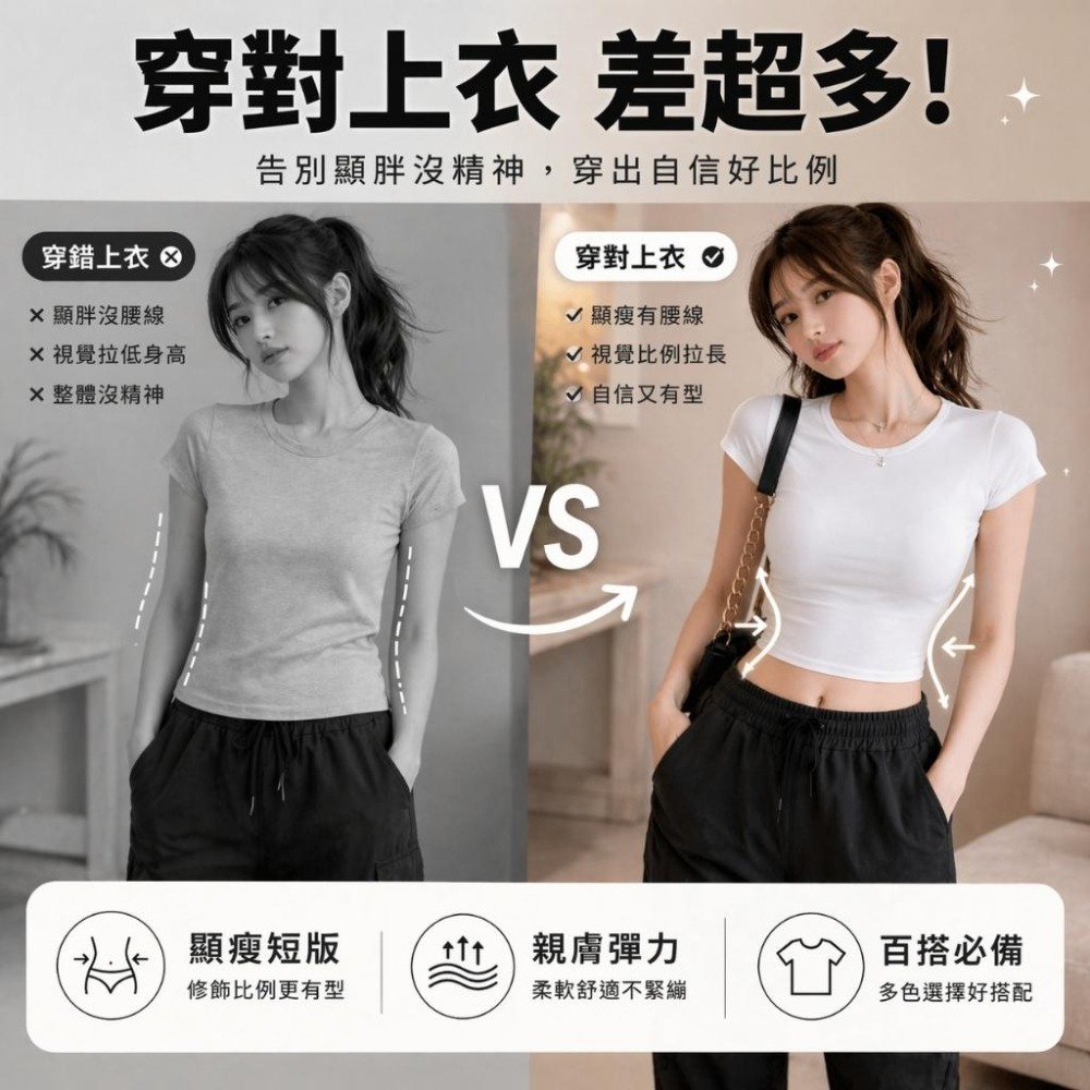 【愛購衣】韓系短袖T恤 短版 正肩 高腰顯瘦 彈力舒適 圓領短袖上衣 黑色 淺灰色 白色-細節圖2
