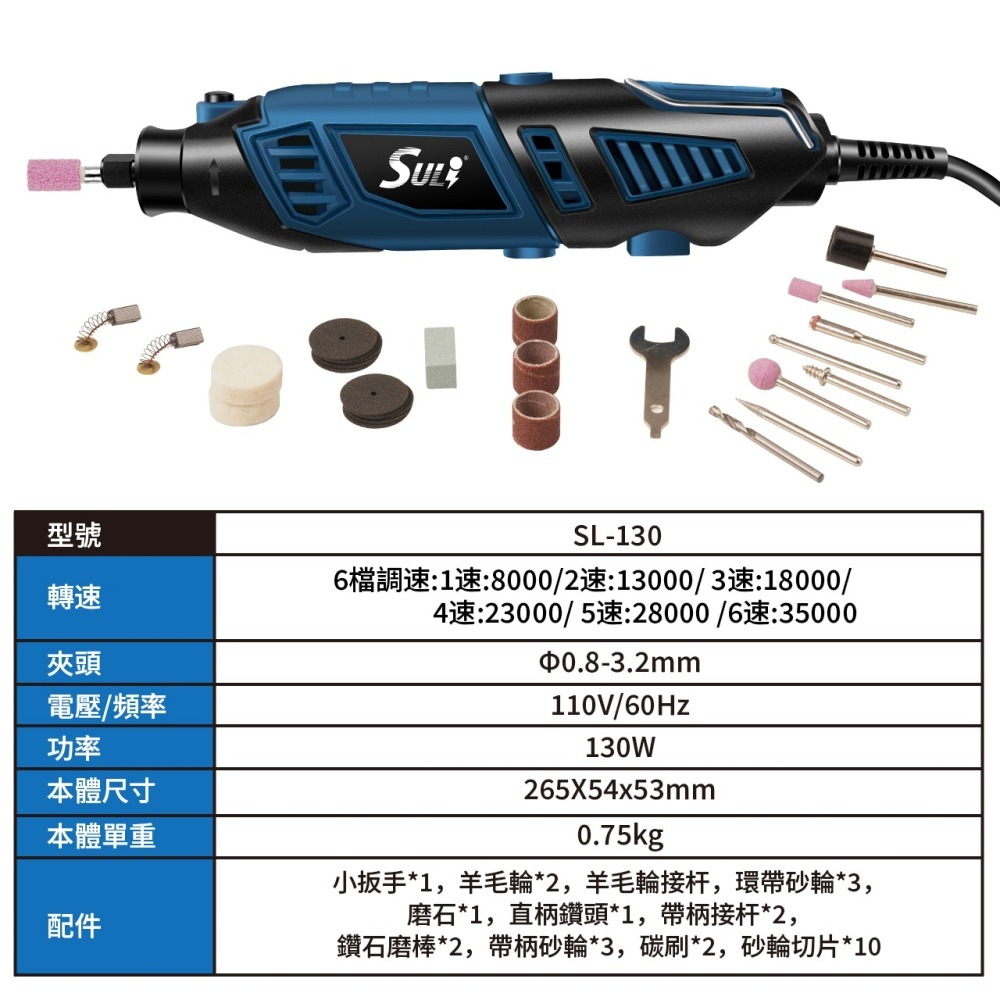 【TW現貨送27配件組】刻磨機 雕刻機 研磨機 拋光機 切割機 SULI 速力工具 SL-130 3MM夾頭 六段調速-細節圖5