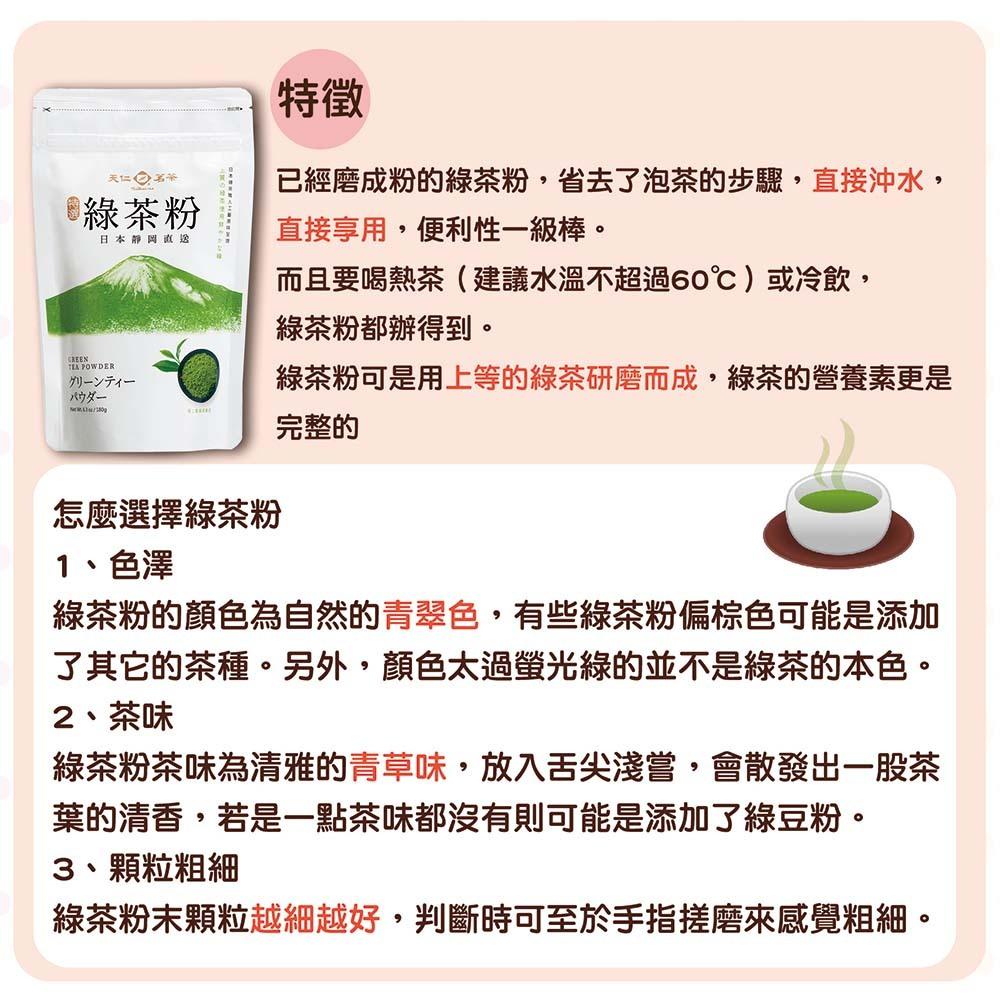 【柚子烘焙材料】天仁茗茶 綠茶粉 日本靜岡 180g 原裝 天仁綠茶粉 抹茶粉 日本綠茶 日本靜岡綠茶粉 可直接沖泡-細節圖2
