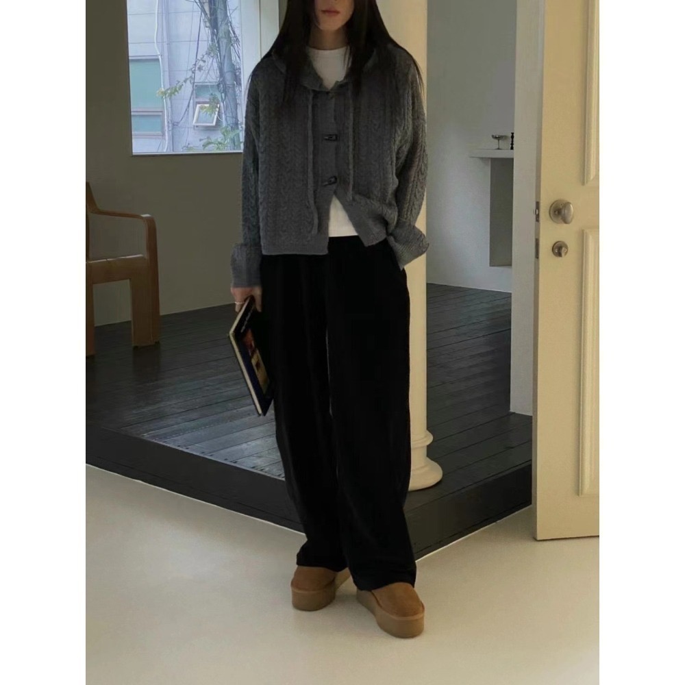 結束營業現貨出清❣️玖月。September❣️ 正韓 質感家羊毛麻花針織牛角扣連帽外套 2310E03-細節圖3