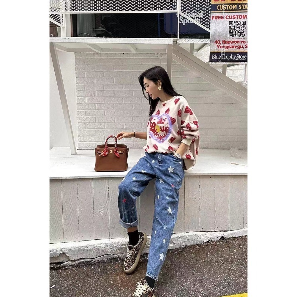 結束營業現貨出清❣️玖月。September❣️ 正韓 都給你可愛花苞彩色星星牛仔寬直筒褲 2401D01-細節圖2