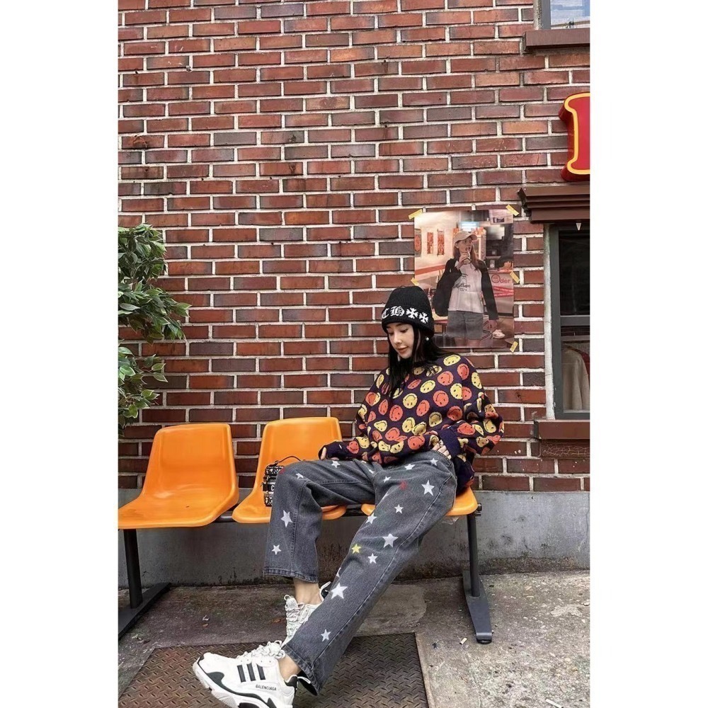 結束營業現貨出清❣️玖月。September❣️ 正韓 都給你可愛花苞彩色星星牛仔寬直筒褲 2401D01-細節圖3