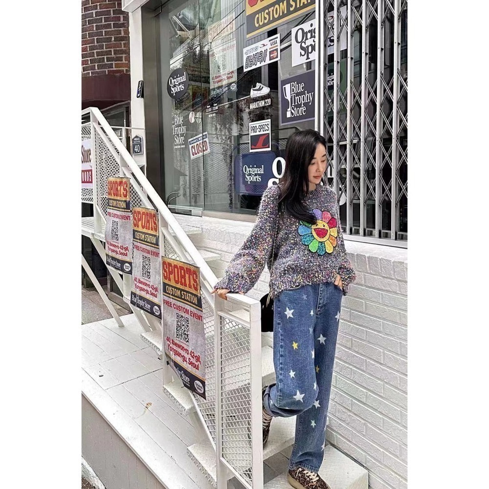 結束營業現貨出清❣️玖月。September❣️ 正韓 都給你可愛花苞彩色星星牛仔寬直筒褲 2401D01-細節圖5