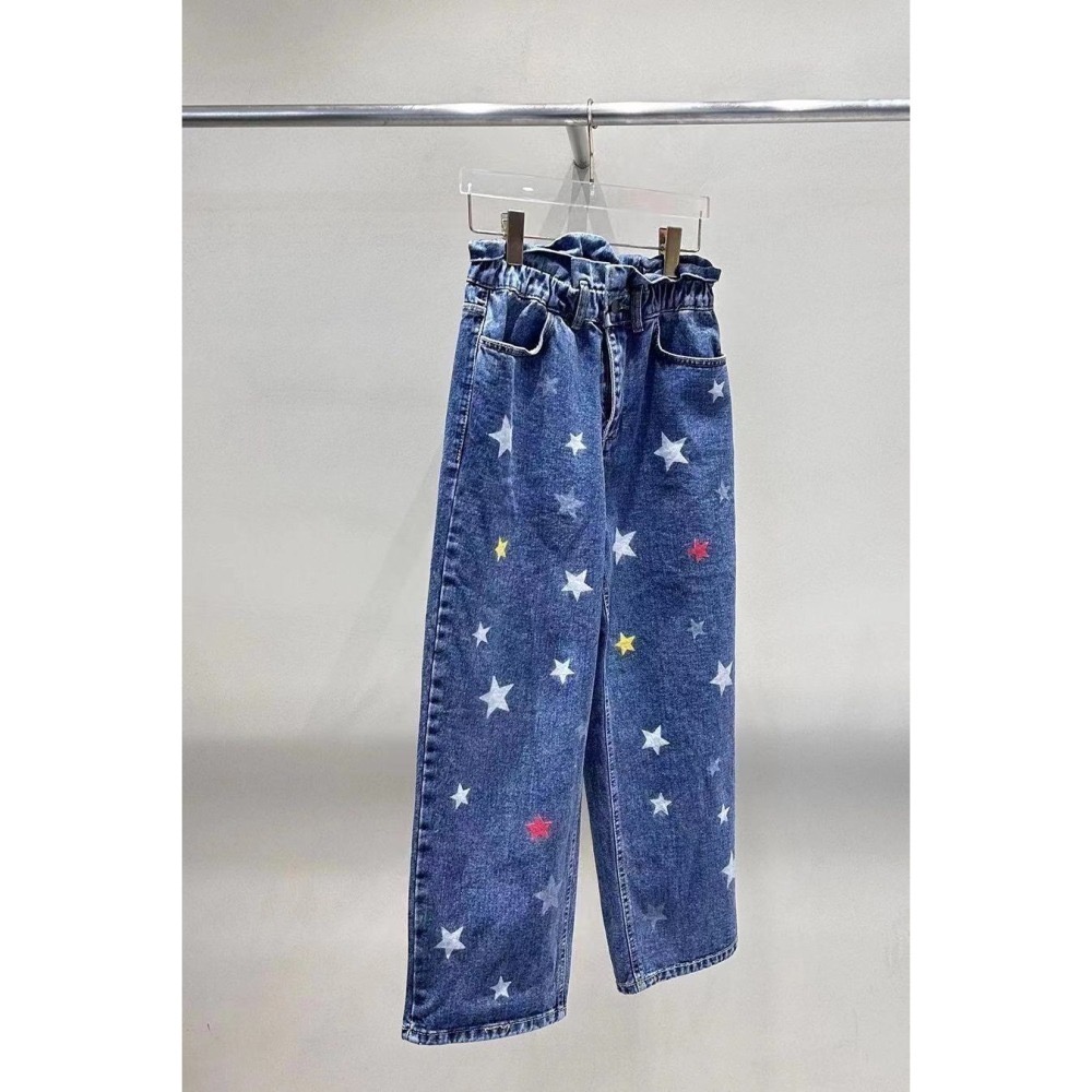 結束營業現貨出清❣️玖月。September❣️ 正韓 都給你可愛花苞彩色星星牛仔寬直筒褲 2401D01-細節圖7