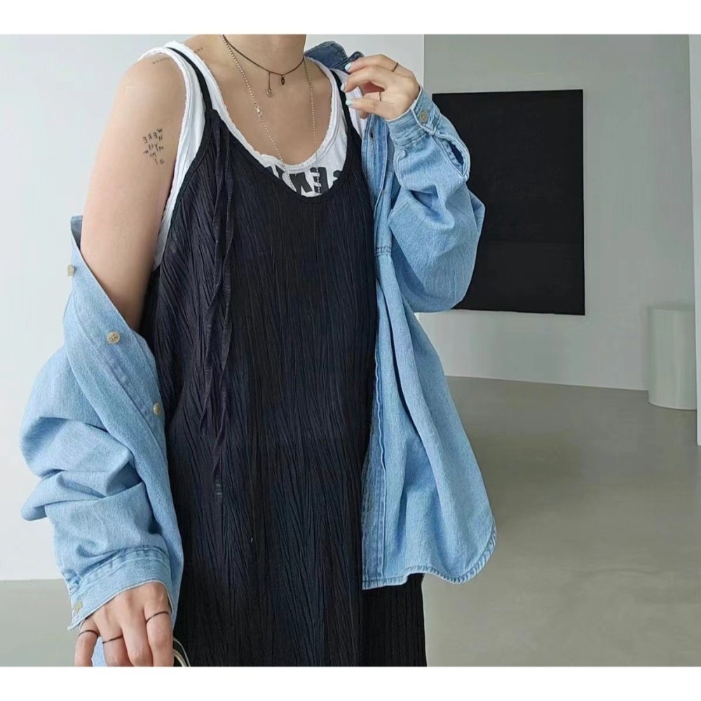 結束營業現貨出清❣️玖月。September❣️ 正韓 嬌小歐膩家 日系皺皺感細肩連身長襯裙 2403D04-細節圖2