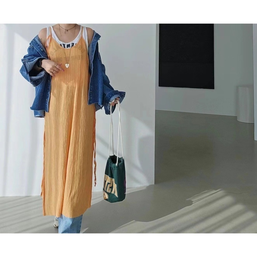 結束營業現貨出清❣️玖月。September❣️ 正韓 嬌小歐膩家 日系皺皺感細肩連身長襯裙 2403D04-細節圖5