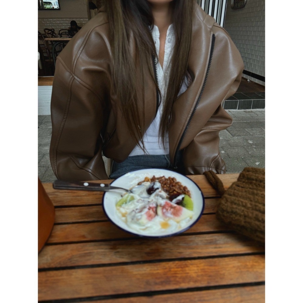 結束營業現貨出清❣️玖月。September❣️ 正韓 街頭家 高質感 抽繩連帽 皮外套 2411A01-細節圖3