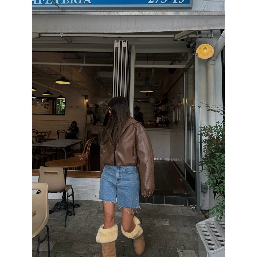 結束營業現貨出清❣️玖月。September❣️ 正韓 街頭家 高質感 抽繩連帽 皮外套 2411A01-細節圖4