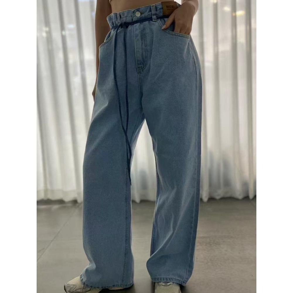 結束營業現貨出清❣️玖月。September❣️正韓 嬌小歐膩家淺刷色款直筒牛仔褲（附腰繩）2506A03-細節圖2