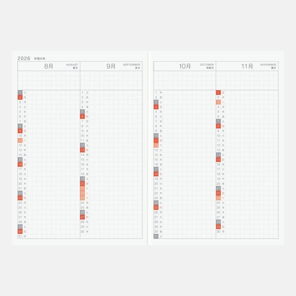 【現貨】HOBO日手帳2026年本體(內頁) A6文庫本 DayFree (月曆+方格筆記 日文版 週一起始)贈三色筆-細節圖5