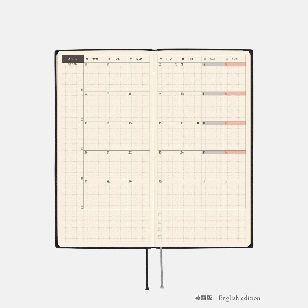 【預購】HOBO日2026年Weeks週手帳 White Line系列 黑色 日文/英文版(特典-三色筆+黏貼式L夾)-細節圖9
