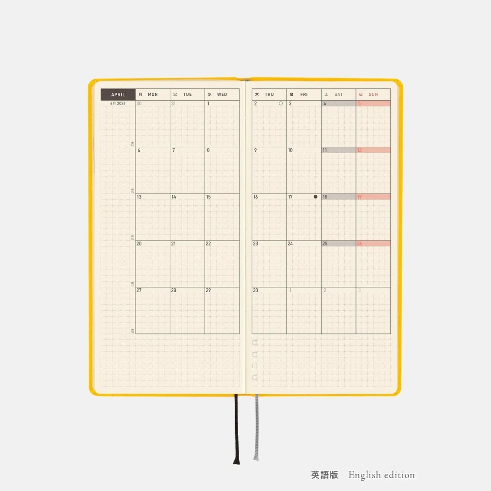 【預購】HOBO日2026年Weeks週手帳 純色系列 Full Moon Yellow 滿月黃 日文/英文版 贈三色筆-細節圖9