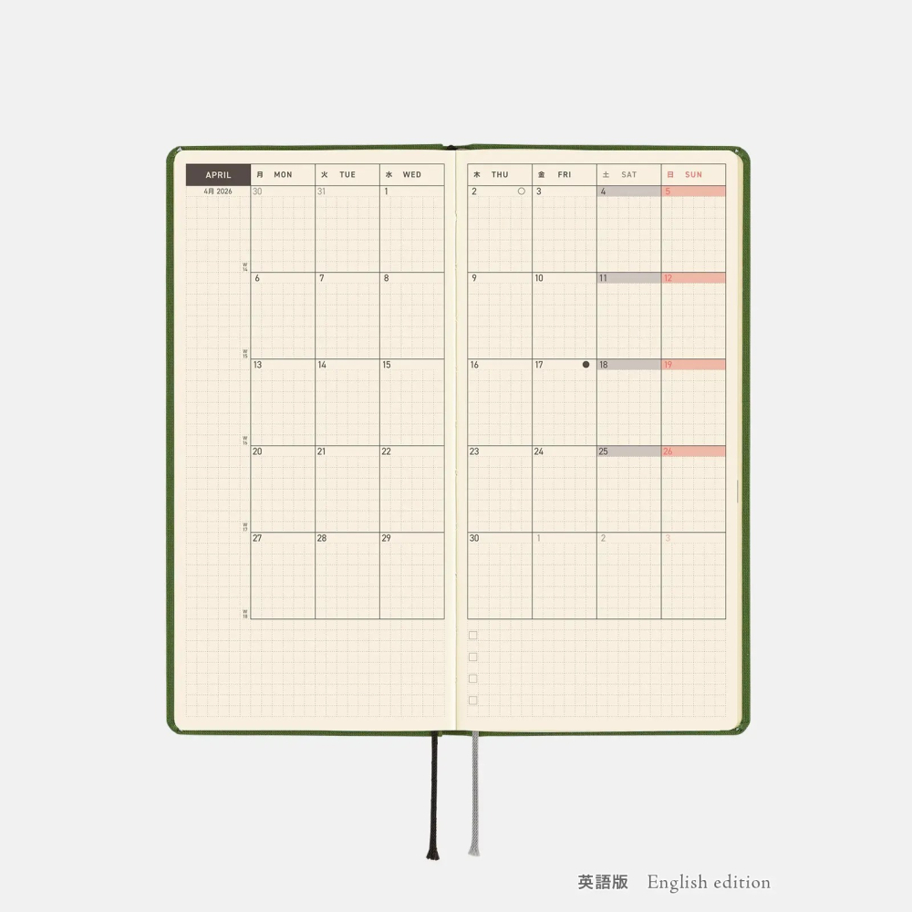 【預購】HOBO日2026年Weeks MEGA Antique Green 古典綠 週手帳 純色系列 日文/英文版-細節圖8