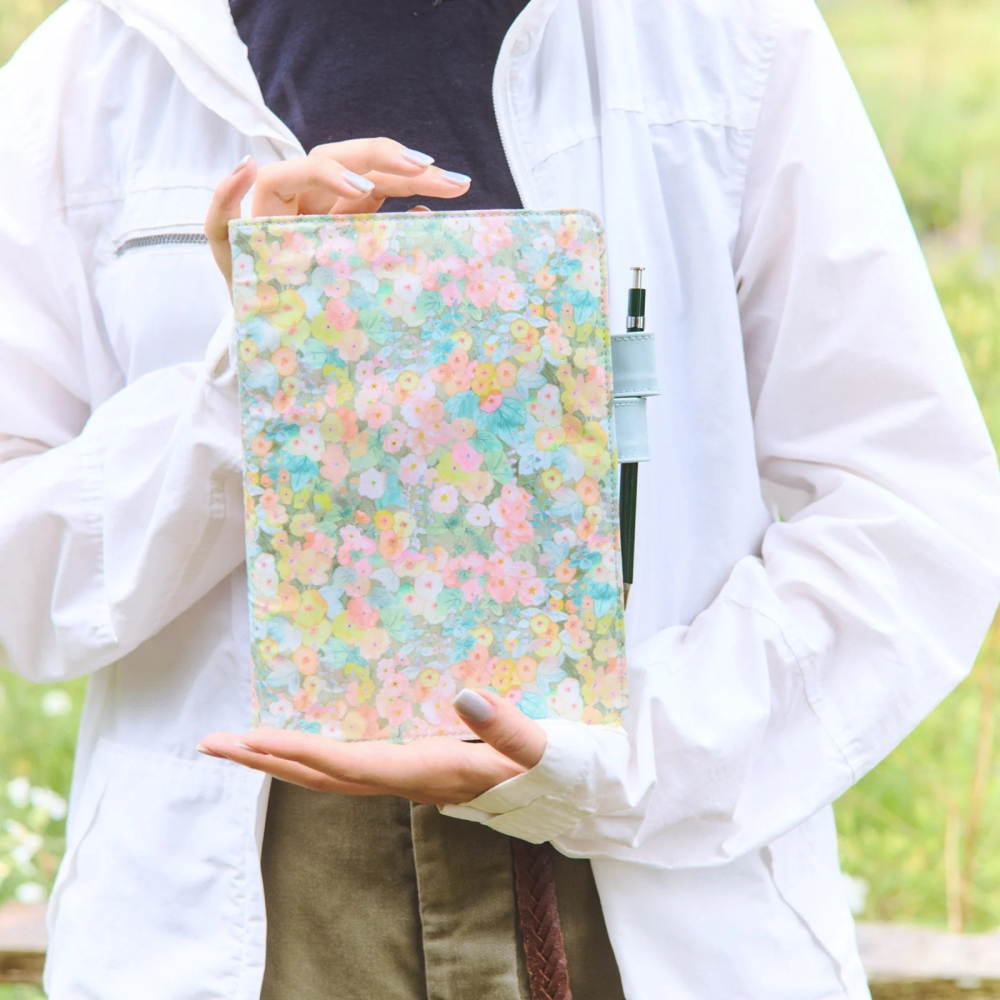 【現貨BO日手帳外皮 A5大本 Hollyhocks（Orange）英國Liberty Fabrics 書皮 書衣-細節圖2