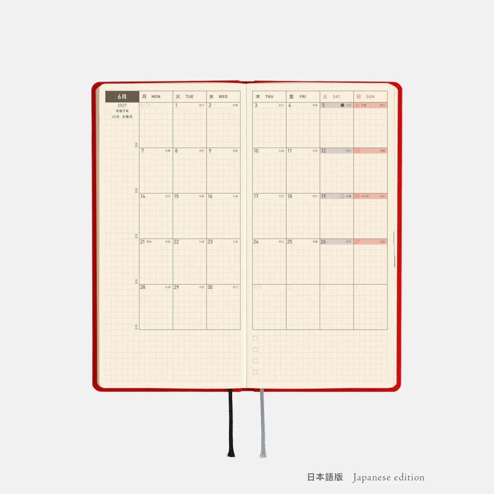 【預購】HOBO日2027年Weeks週手帳 Poppy Red 罌粟紅 純色系列 日文/英文版(特典三色筆黏貼式L夾)-細節圖8