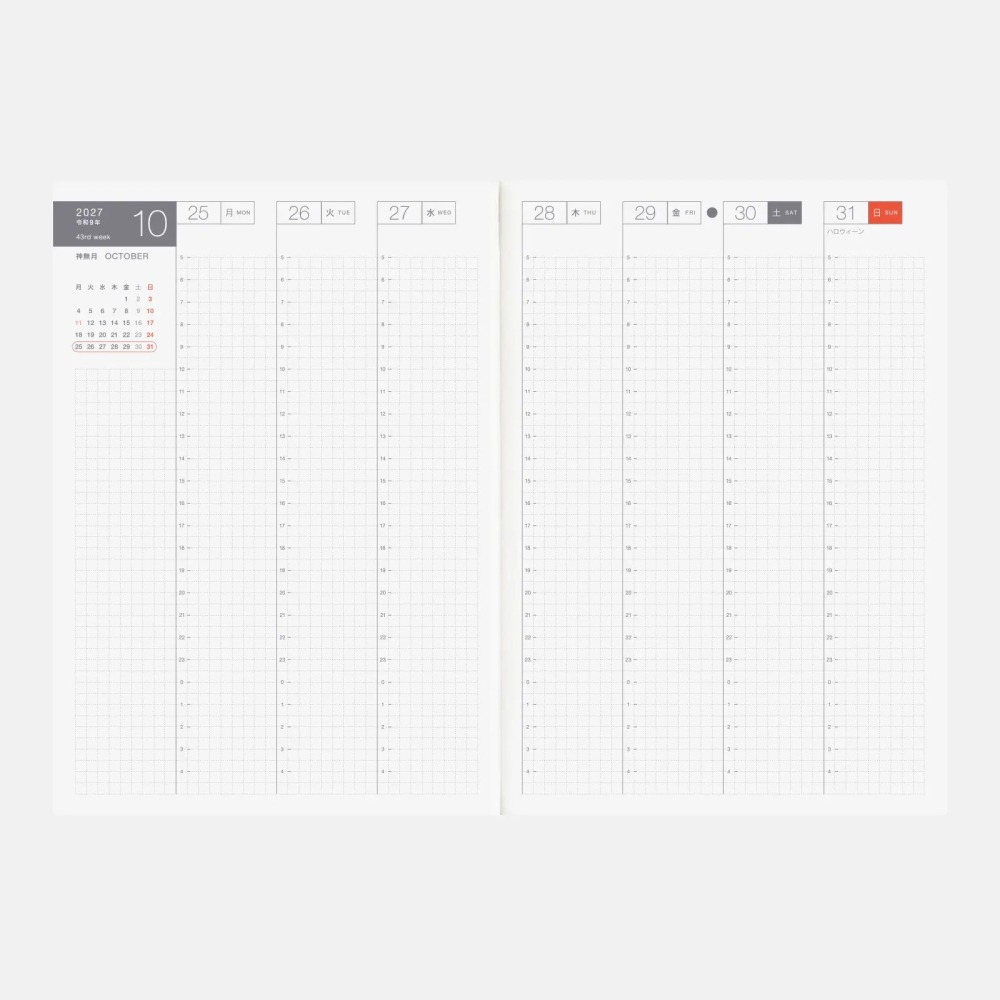 【預購】HOBO日手帳2027年本體(內頁) A5大本 Avec (日文版 上下半年分冊 週一起始)贈三色筆+橡實吊飾-細節圖6