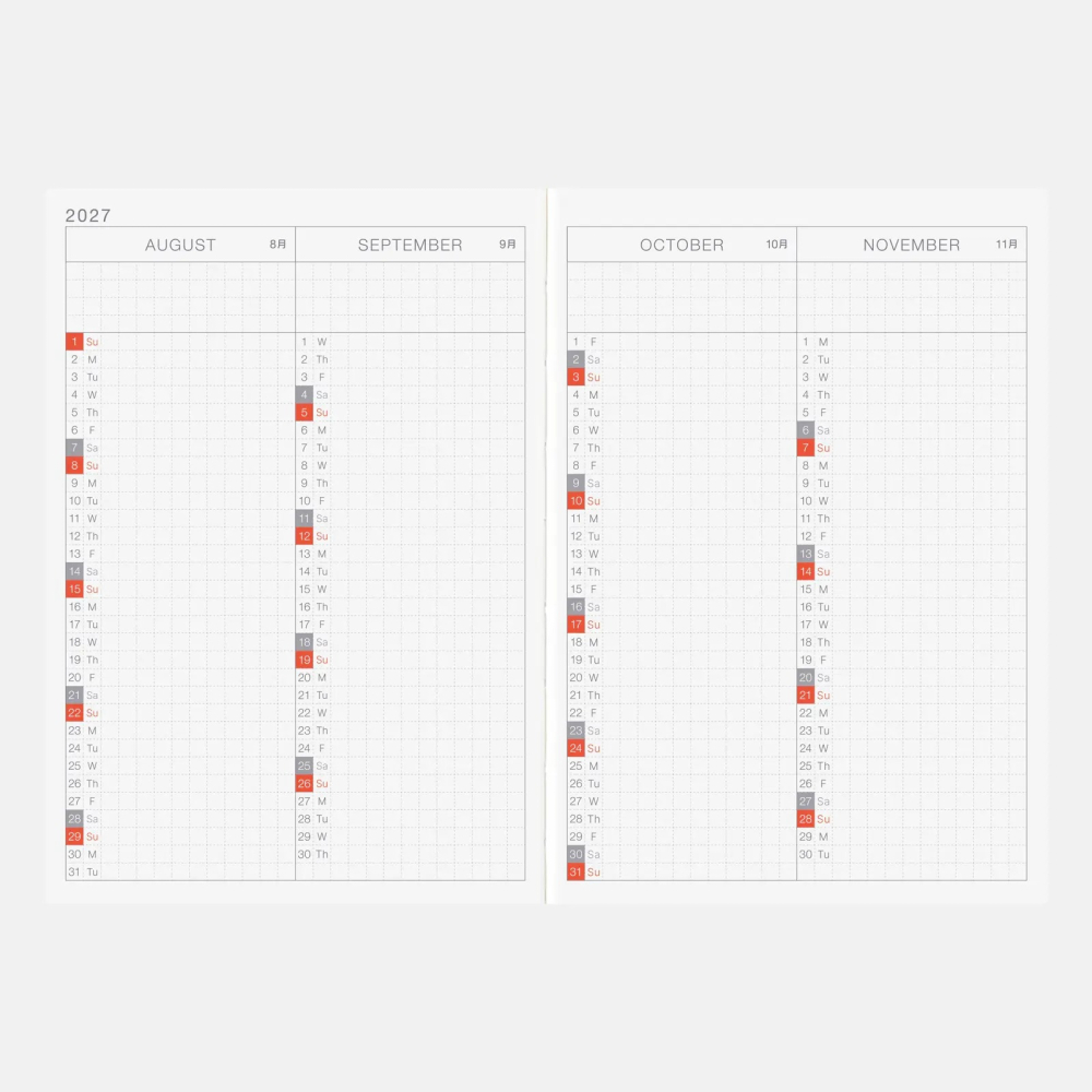 【預購】HOBO日手帳2027年本體(內頁) A6文庫本 Original (英文版 週一起始) 贈三色筆+橡實吊飾-細節圖6