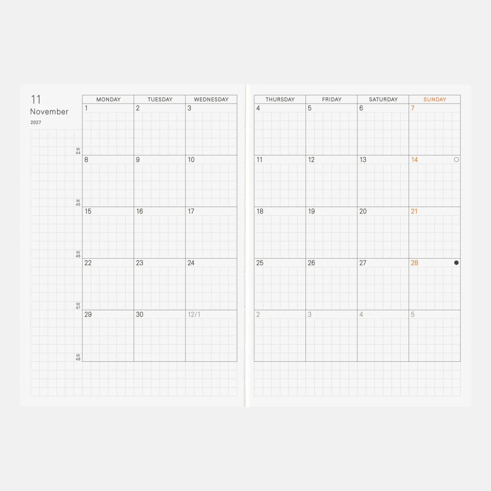 【預購】HOBO日手帳2027年本體(內頁) A6文庫本 Planner (國際英文版 週一起始)贈三色筆+橡實吊飾-細節圖3