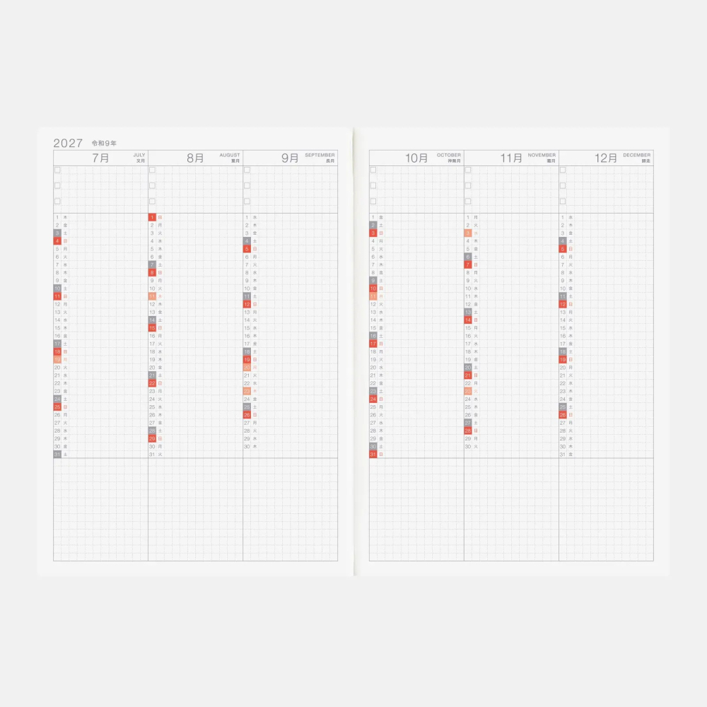 【預購】HOBO日手帳2027年本體(內頁) A5大本 DayFree (月曆+方格筆記-日文版 週一起始)贈三色筆-細節圖5