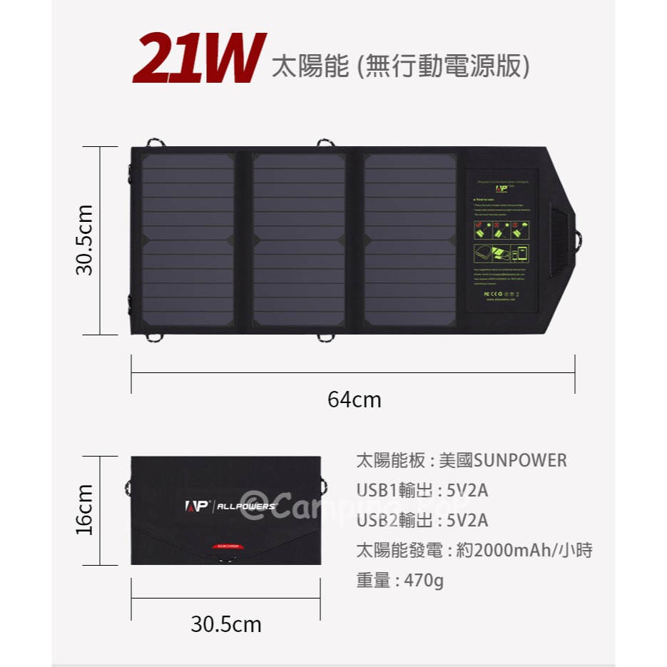 ALLPOWERS AP  21W太陽能板 折疊式太陽能折疊包 便攜式太陽能板 單車 露營 戶外-細節圖5