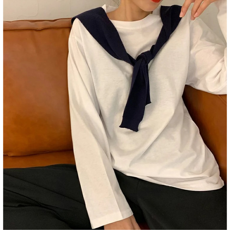 簡約秋搭．純色圓領寬鬆長袖上衣【V3633】-細節圖3
