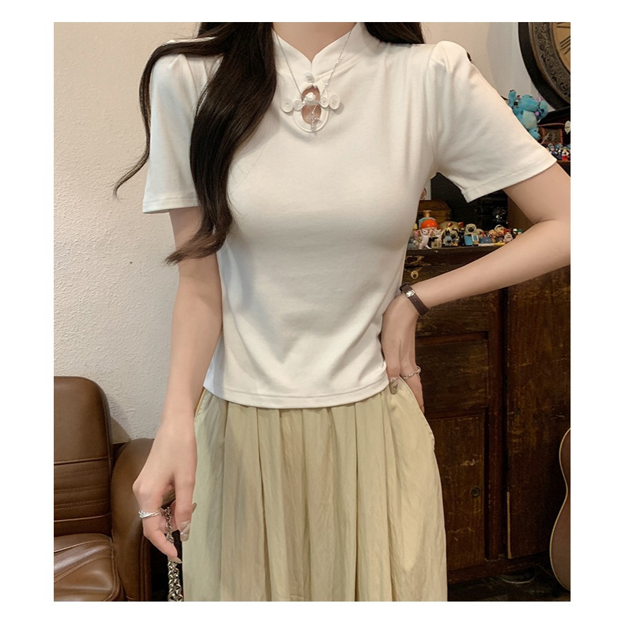 RQCL0300女裝中式螺紋棉短袖T恤國風盤扣上衣(2色)-細節圖5