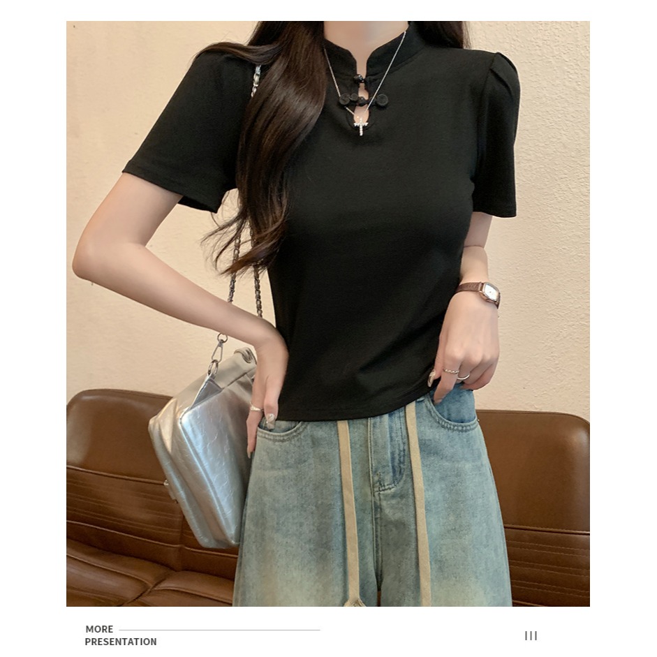 RQCL0300女裝中式螺紋棉短袖T恤國風盤扣上衣(2色)-細節圖7