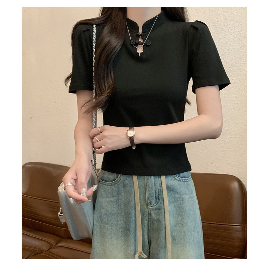 RQCL0300女裝中式螺紋棉短袖T恤國風盤扣上衣(2色)-細節圖8