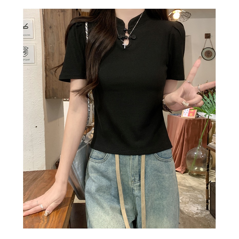RQCL0300女裝中式螺紋棉短袖T恤國風盤扣上衣(2色)-規格圖11