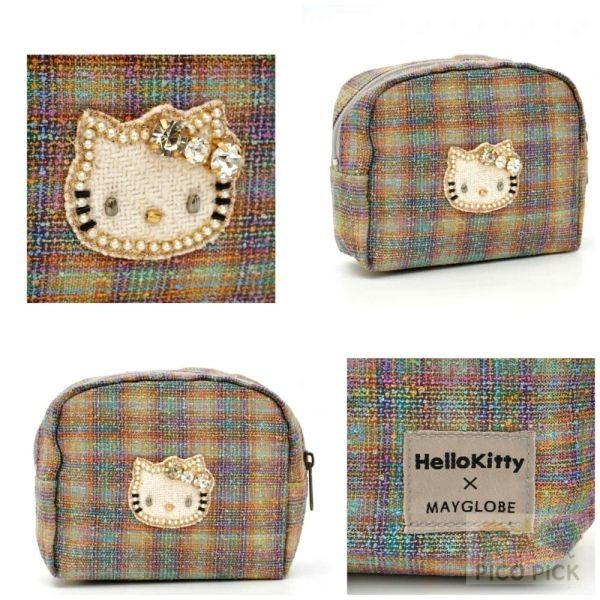 🇯🇵日本直送｜Hello Kitty × MAYGLOBE】手工珠繡格紋收納包（小款／大款）-細節圖2