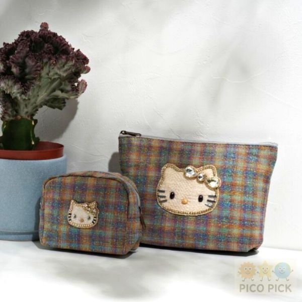 🇯🇵日本直送｜Hello Kitty × MAYGLOBE】手工珠繡格紋收納包（小款／大款）-細節圖3