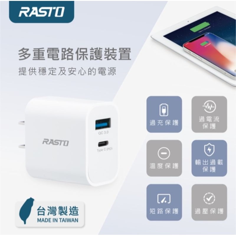 RASTO 20W 智能 PD+QC3.0 雙孔快速充電器 RB30 充電器 充電頭 PD快充-細節圖4