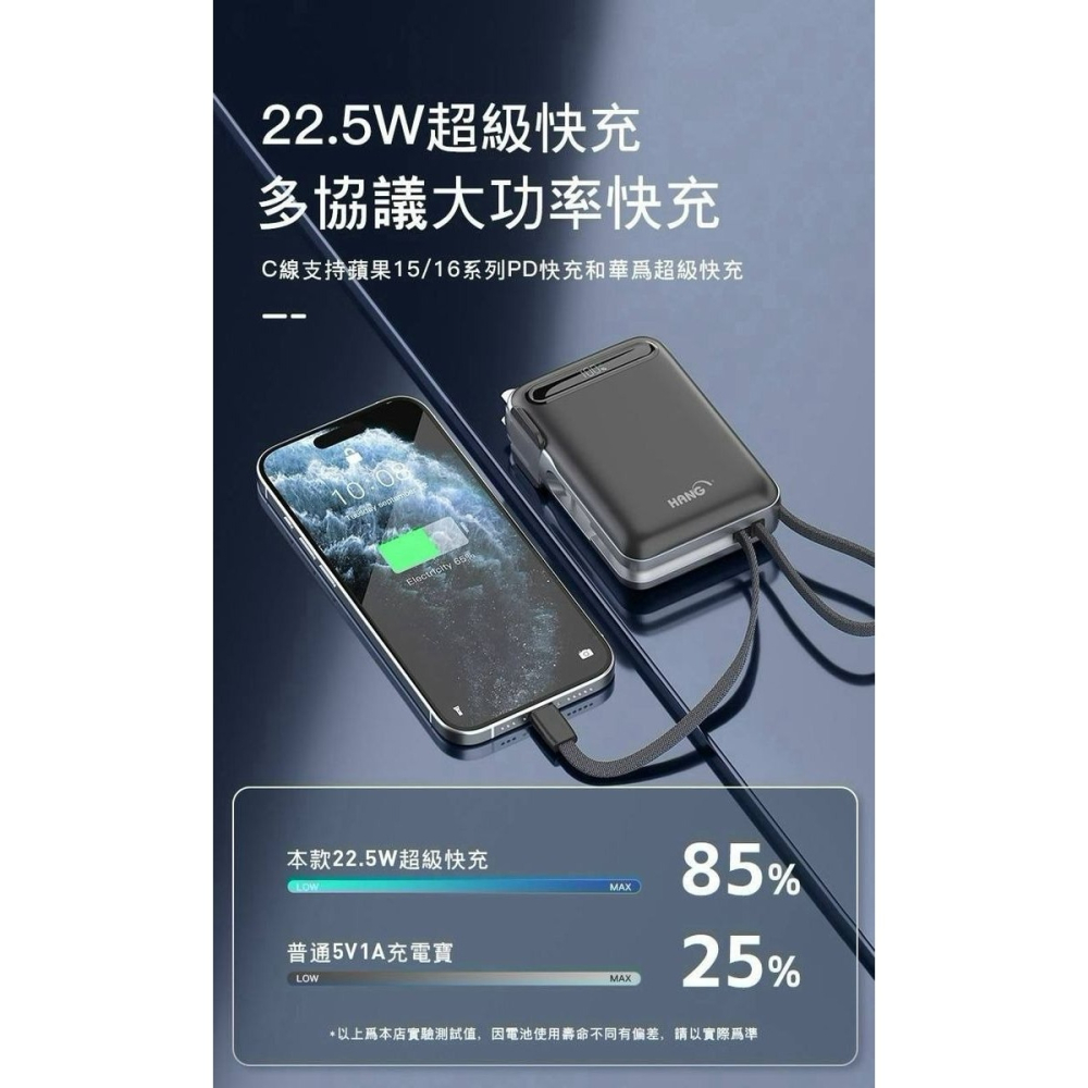 HANG 自帶插頭行動電源 AC2 自帶線 22.5W 行動電源 有認證 10000mAh PD QC快充 行充-細節圖3
