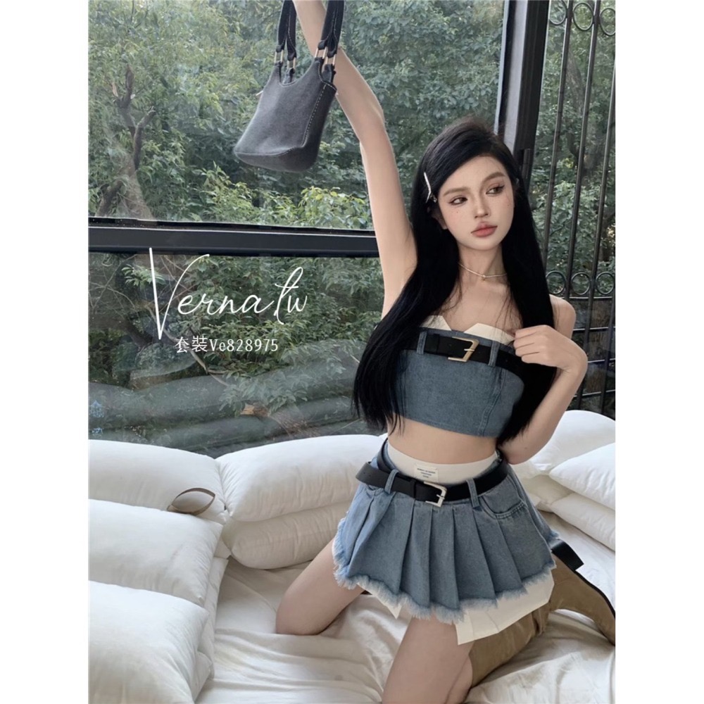 現貨｜性感小辣妹‘  牛仔背心百摺裙套裝-細節圖2