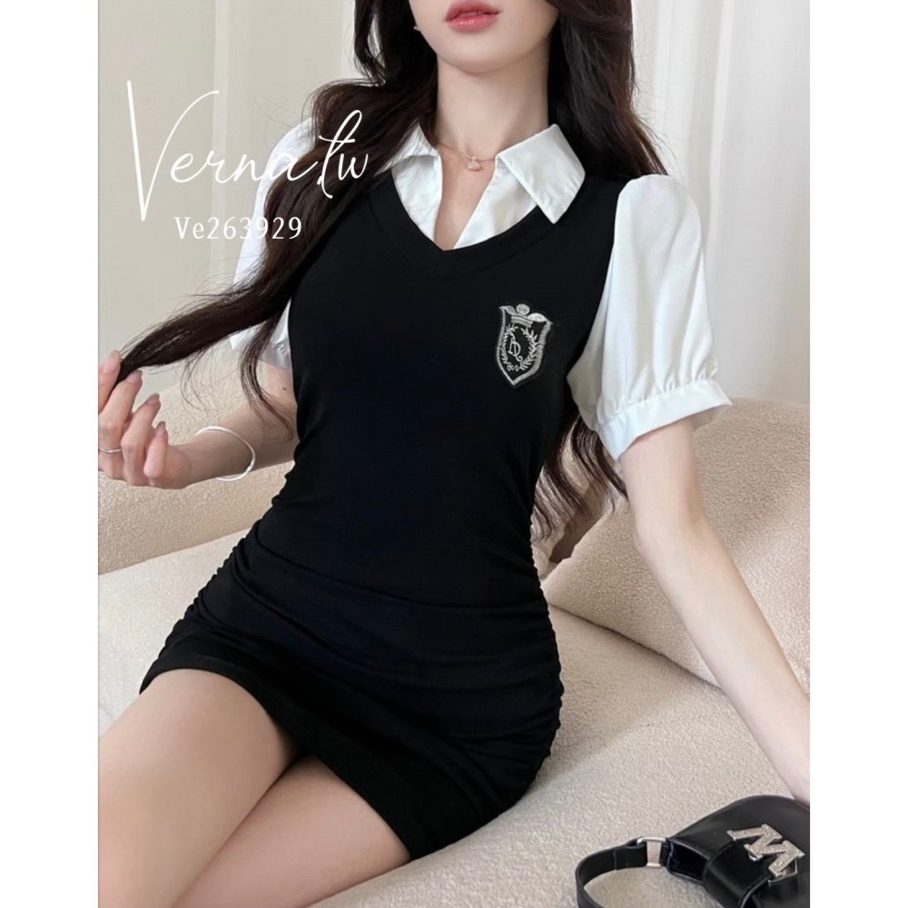 假兩件學院風連身裙-細節圖3