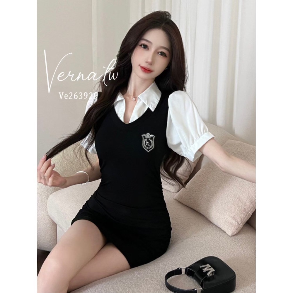 假兩件學院風連身裙-細節圖5