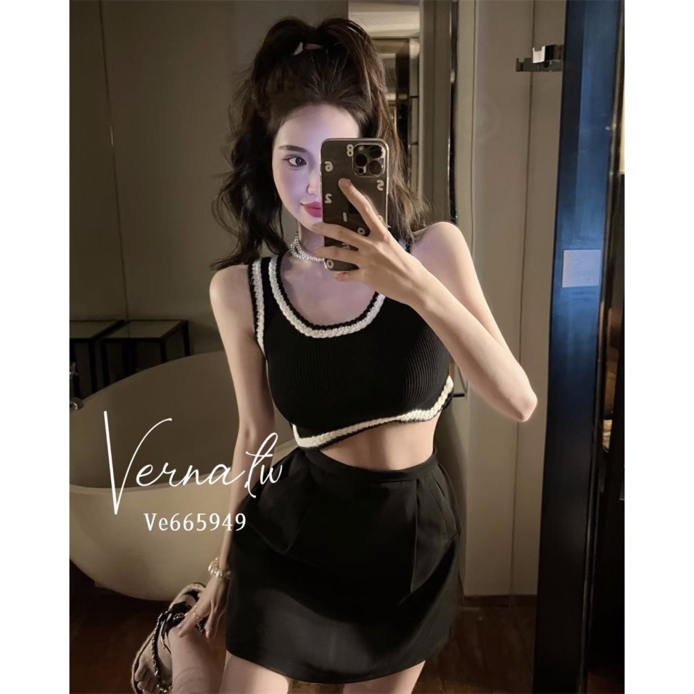 編帶拼接短款背心+包臀裙裝-細節圖5