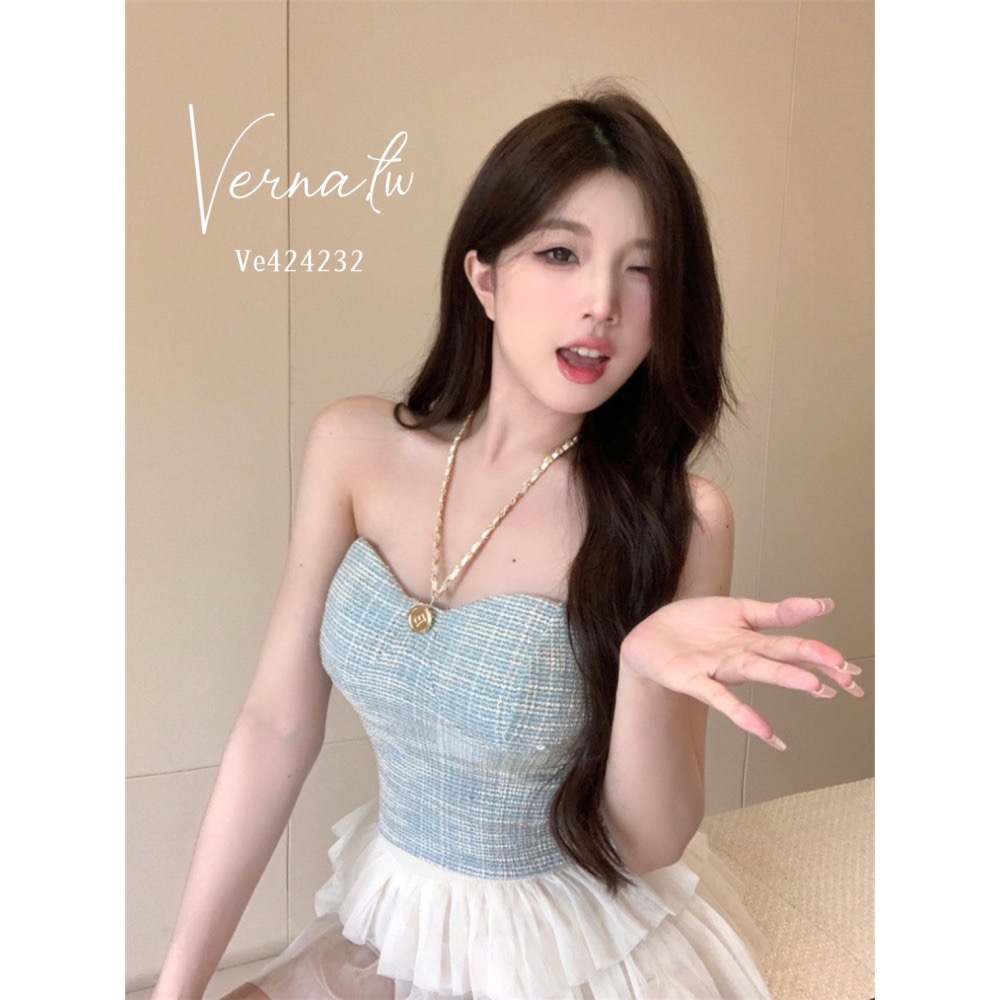 鏈條掛脖小香款抹胸平口背心-細節圖4