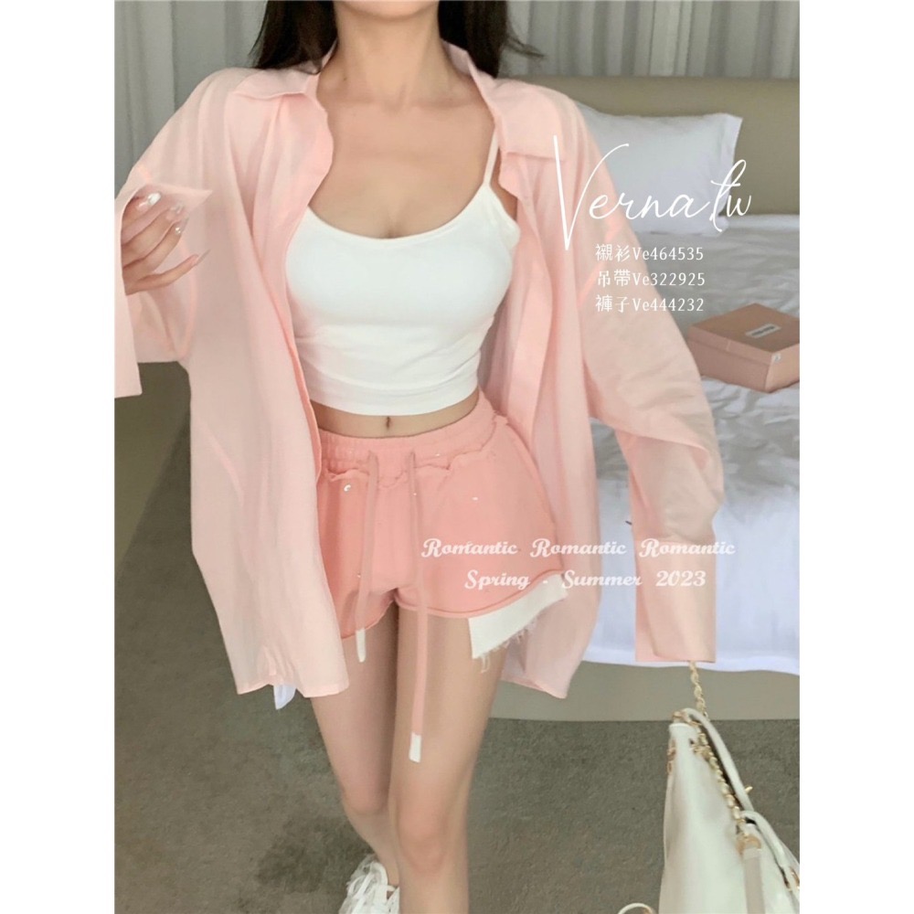 粉嫩薄款襯衫+吊帶背心+粉褲  三件組必須帶走-細節圖2